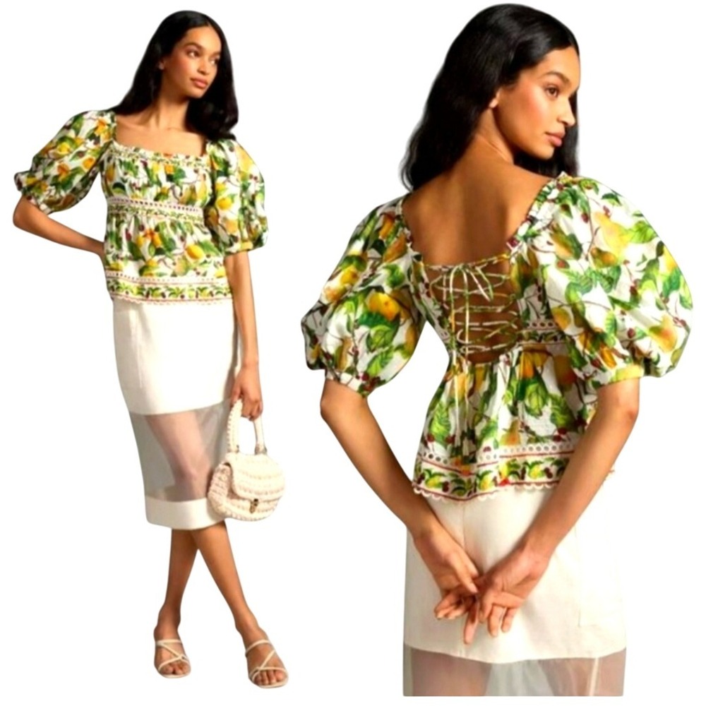 Farm Rio Women's Puff Sleeve Lace Up Back Fruit Orchard Blouse XS NWT‎ RV $165